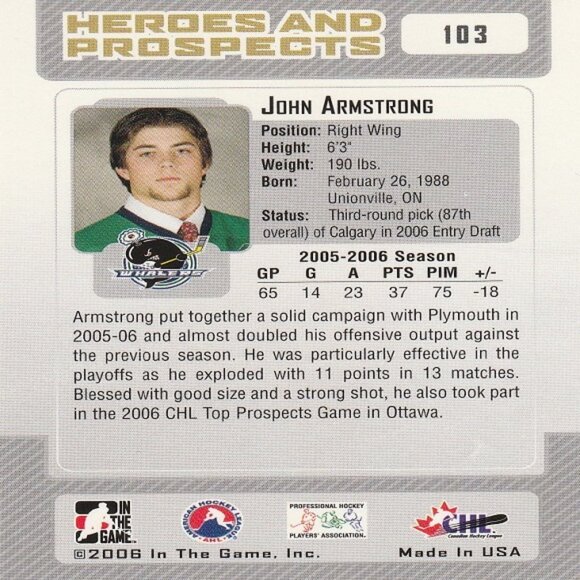 John Armstrong - 2006 ITG Heroes & Prospects Hockey Card - Picture 2 of 2